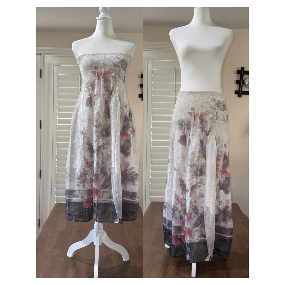 Lapis One Size Floral Strapless Smocked Tube Midi Dress Maxi Skirt 2 Way Boho - Picture 14 of 14